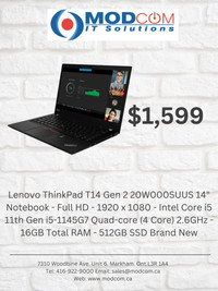 Brand New Lenovo ThinkPad T14 Gen 2 20W000SUUS 14 Notebook, Full HD, Intel Core i5-1145G7 2.6GHz, 16GB RAM, 512GB SSD