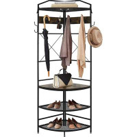 17 Stories Modern Vintage Corner Hall Tree With Shoe Bench, Entryway Coat Rack With 6 Double Hooks