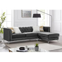 Everly Quinn Naia 2-piece Grey Reversible Sectional In Velvet Fabric With Pillows