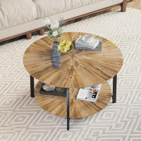 17 Stories Round Coffee Table, Double Layer Coffee Table with Open Storage Space, Wood Coffee Table