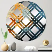 Design Art Gold Teal Abstract Spirals I - Plaid Decorative Mirror Circle