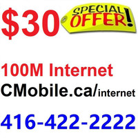 Unlimited 100M Internet $30/month, FREE Modem, $60 Installation. No Contract, No Credit Check,   Book at CMOBILE.ca