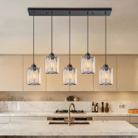 Mercer41 5 - Light Dimmable Matte Black Kitchen Island Linear Pendant With Crystal Accents