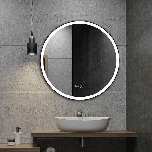 Round LED Bathroom Mirror ( W= 24, 28, 32 & 36 ) w Touch Button, Anti Fog, Dimmable, Vertical Mount in Floors & Walls