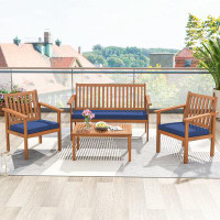 Winston Porter Winston Porter 4 PCS Patio Wood Furniture Set with Loveseat, 2 Chairs & Coffee Table for Porch Navy