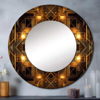 Design Art Gold Black Fractal Tide V - Geometric Large Round Mirror