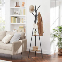 Latitude Run® Coat Rack Freestanding, Hall Tree With 2 Shelves,Rustic Brown + Black