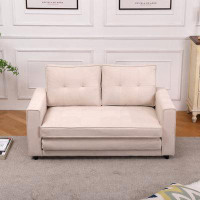 Ebern Designs Beige Folding Sofa Bed With Two Storage Pockets, Linen Convertible Foldable Couch Bed, Loveseat Sleeper So