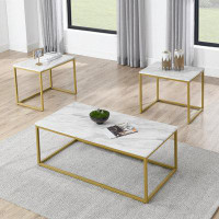 Mercer41 White Faux Marble Coffee Table Simple Modern 1pc Coffee Tables with  2pcs Table