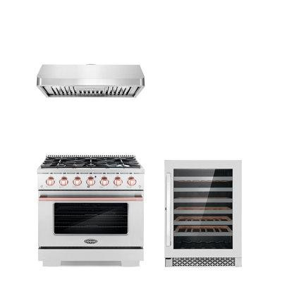 Cosmo Cosmo 3 Piece Kitchen Appliance Package with 36'' Gas Freestanding Range , Under Cabinet Range Hood , and Wine Ref in Refrigerators