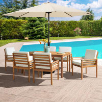 Wade Logan Arjay 8 Pc Patio Dining Set Wood One 63" Table 6 Chairs With Cushions And 1 10-Foot Tilt Umbrella