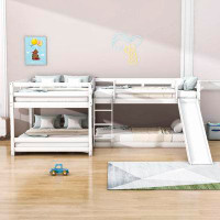 Harriet Bee Faso L-Shaped Quad Wood Bunk Bed, Full over Full and Twin over Twin Bunk Beds with Slide