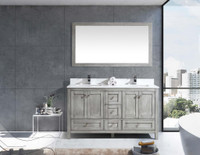 NEW 72 JACQUES DISTRESSED GREY DOUBLE VANITY MARBLE TOP & MIRROR HQC9574