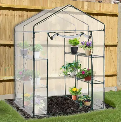 4.7ft x 4.7ft x 6.4ft Walk-in Greenhouse w Roll Up Door, 8 Wire Shelves, for Outdoor Garden Plants