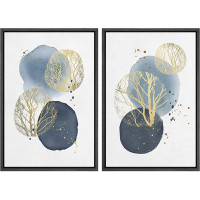 SIGNLEADER SIGNLEADER Framed Wall Art Print Set Blue Watercolor Blots With Gold Plant Silhouette Abstract Shapes Illustr