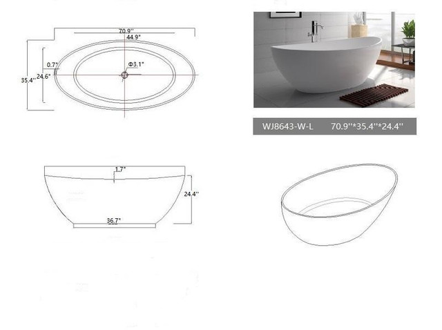 71x35 or 63x31.5 Inch Solid Surface Freestanding Bathtub in Matte White with Center Drain - Overflow incl  LFC in Plumbing, Sinks, Toilets & Showers - Image 4