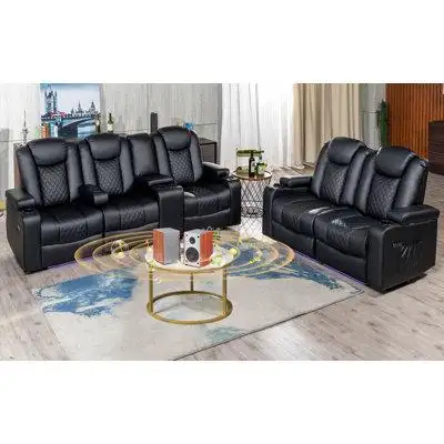 Latitude Run® Reclining Sofa Set Of 3 With LED Lights, Leather Power Recliner Chair Loveseats With Hidden Arm Storage Cu