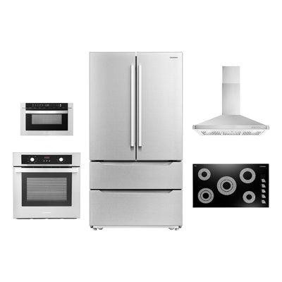 Cosmo 5 Piece Kitchen Package With 36" Electric Cooktop 24" Single Electric Wall Oven 24" Built-in Microwave Drawer Ener in Refrigerators