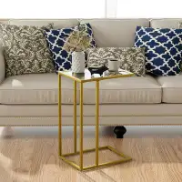 Latitude Run® C Shaped Glass End Table, Small Gold Sofa Side Table, Narrow Snack Side Table With Metal Frame &Tempered G