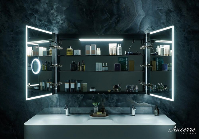 Ancerre Designs Pagani Bathroom LED Medicine Cabinet 24, 30, 36 &amp; 48 inch w Magnifier, Dimmer, Clock & Defogger ANC in Floors & Walls - Image 2