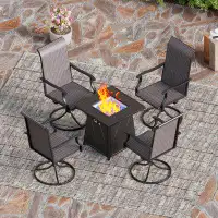 Lark Manor Alyah 5 Piece Table Set Gas Fire Pit Metal Square Table 4 High Back Swivel Rattan Chairs 5-Piece Outdoor Pati