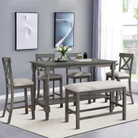 Rosalind Wheeler Counter Height Dining 6 Piece Set, Four Upholstered Chairs, Table With Shelf And Upholstered Bench