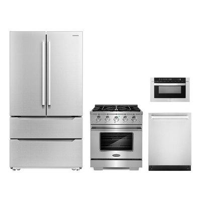 Cosmo 4 Piece Kitchen Package with French Door Refrigerator & 29.8" Freestanding Gas Range in Refrigerators