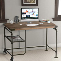 17 Stories Industrial Metal Writing Desk With Wooden Top