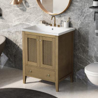 Wildon Home® Bathroom Vanity with Ceramic Basin, TwoRattan Doors and Drawer