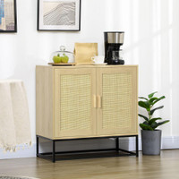 WOOD SIDEBOARD ACCENT STORAGE CABINET WITH 2 RATTAN DOORS, ADJUSTABLE SHELF, AND STEEL LEGS FOR LIVING ROOM KITCHEN