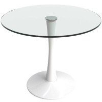 Wrought Studio Wrought Studio™ Julekha Mid-Century Modern Round Dining Table With Glass Top And Iron Pedestal Base