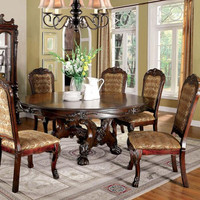 FOA - 72 Inch Elegant & Large Cherry Finished Dining Set w Intricate Carved Details & Trestle Base, Complete w 6 Chairs