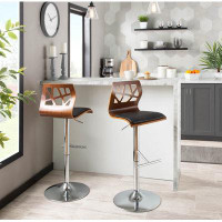 Wade Logan Betuel Mid-century Modern Adjustable Barstool With Swivel In Chrome, Walnut Wood And Black Faux Leather By Wa