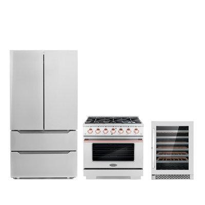 Cosmo Cosmo 3 Piece Kitchen Appliance Package with French Door Refrigerator , 36'' Gas Freestanding Range , and Wine Ref in Refrigerators
