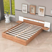 Ebern Designs Queen Size Wood Platform Bed with Headboard, Shelves And USB Ports