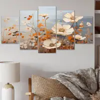 Design Art White Orange Minimalism Flower Collage - Abstract Botanicals Canvas Art Print - 5 Panels