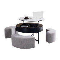 Latitude Run® Round Lift-Top Coffee Table With Storage White&Black Without Stools