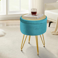 Mercer41 Velvet Round Ottoman Footstool With Gold Metal Legs,Stool With Storage For Vanity,Coffee Table Top Cover,Velvet