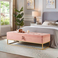 Everly Quinn 58.6" Bed Bench Metal Base With Storage Pink Velvet