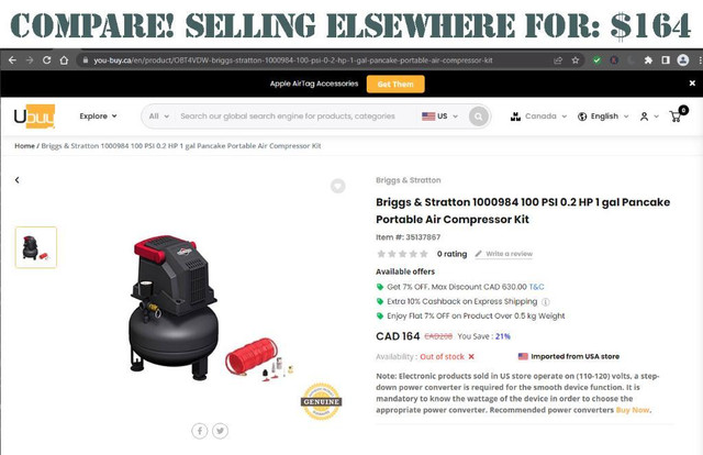 New - BRIGGS AND STRATTON 1 GALLON PANCAKE AIR COMPRESSOR -- BS0110141  -- Complete with accessory kit in Other - Image 2