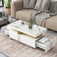 Mercer41 Contemporary Coffee Table With Faux Marble Top, Rectangle Cocktail Table With Caster Wheels, Moderate Luxury Ce