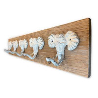 Bungalow Rose Rustic Wooden Wall Rack With 5 Solid Cast Iron Elephant Hooks