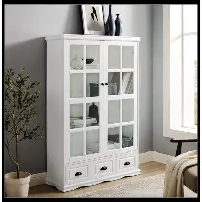 NTYUNRR Storage Cabinet With Tempered Glass Doors Curio Cabinet With Adjustable Shelf Display Cabinet With Triple Drawer