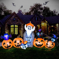 The Holiday Aisle® 8FT Halloween Inflatable Decorations, Blow Up Pumpkins And Tombstone Ghost Cat Bat Spider, LED Lights