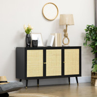 BOHO KITCHEN SIDEBOARD, RATTAN DOOR BUFFET CABINET WITH STORAGE SHELVES AND WOOD LEGS, BLACK