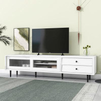 Ebern Designs Design TV Stand With Sliding Fluted Glass Doors,Modern TV Cabinet With Ample Storage Space