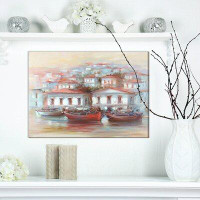 East Urban Home Designart 'Three Fishing Boats on the island Harbour' Nautical Painting Print on Wrapped Canvas