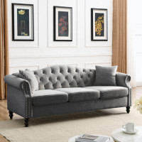 House of Hampton [Video] 79" Chesterfield Sofa Beige Velvet For Living Room, 3 Seater Sofa Tufted Couch With Rolled Arms