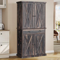 Gracie Oaks Sneyd 72" H Wood Farmhouse Kitchen Pantry Cabinet with Adjustable Shelves & Drawer