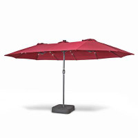 Latitude Run® 15X9 Ft Double Head Patio Umbrella With Base, 36 LED Lights, Sand Bags, Tan